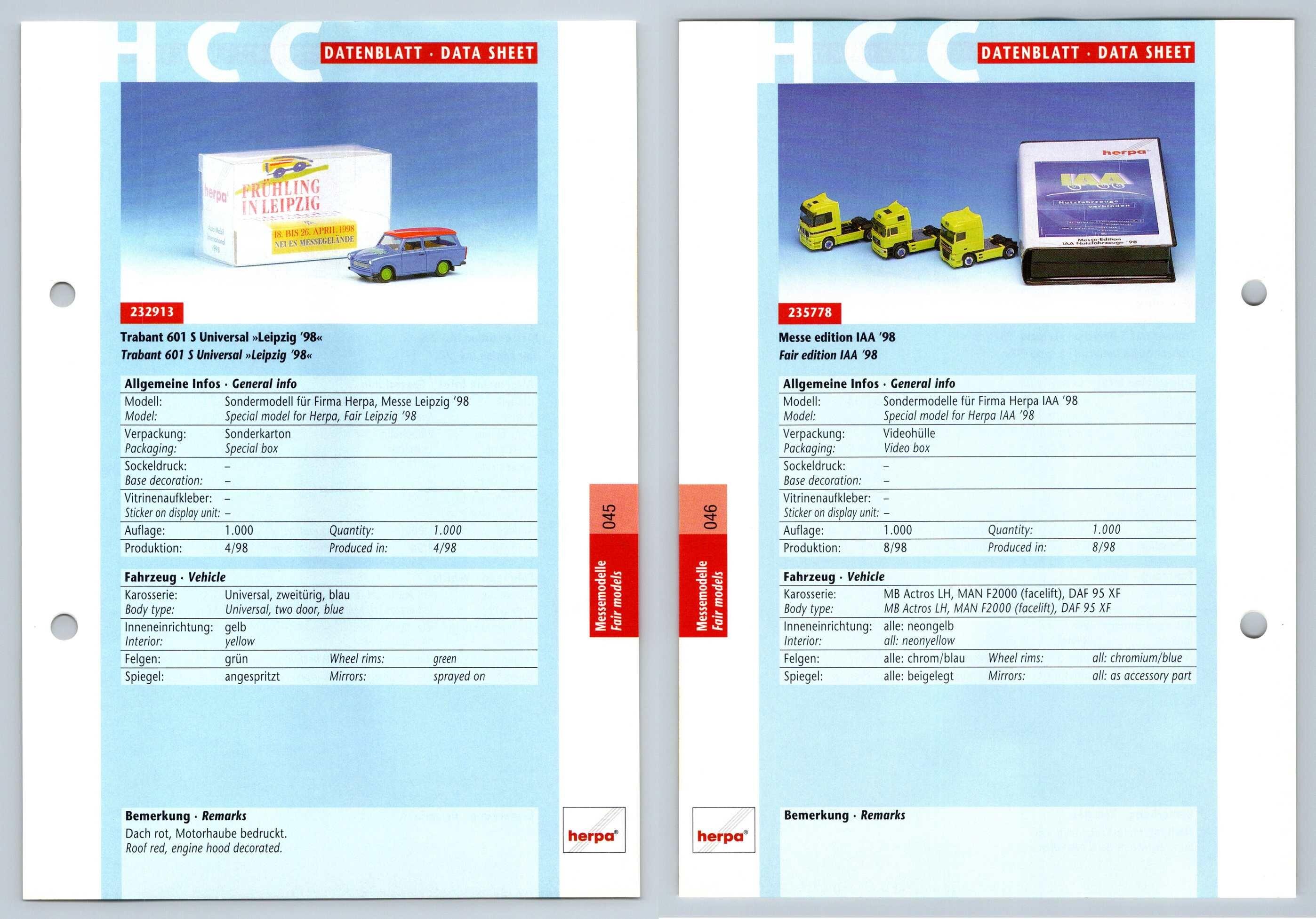 Trabant 601 S / Messe Edition IAA #45/46 Messemodelle - Herpa Data Sheet-Breakoutcards