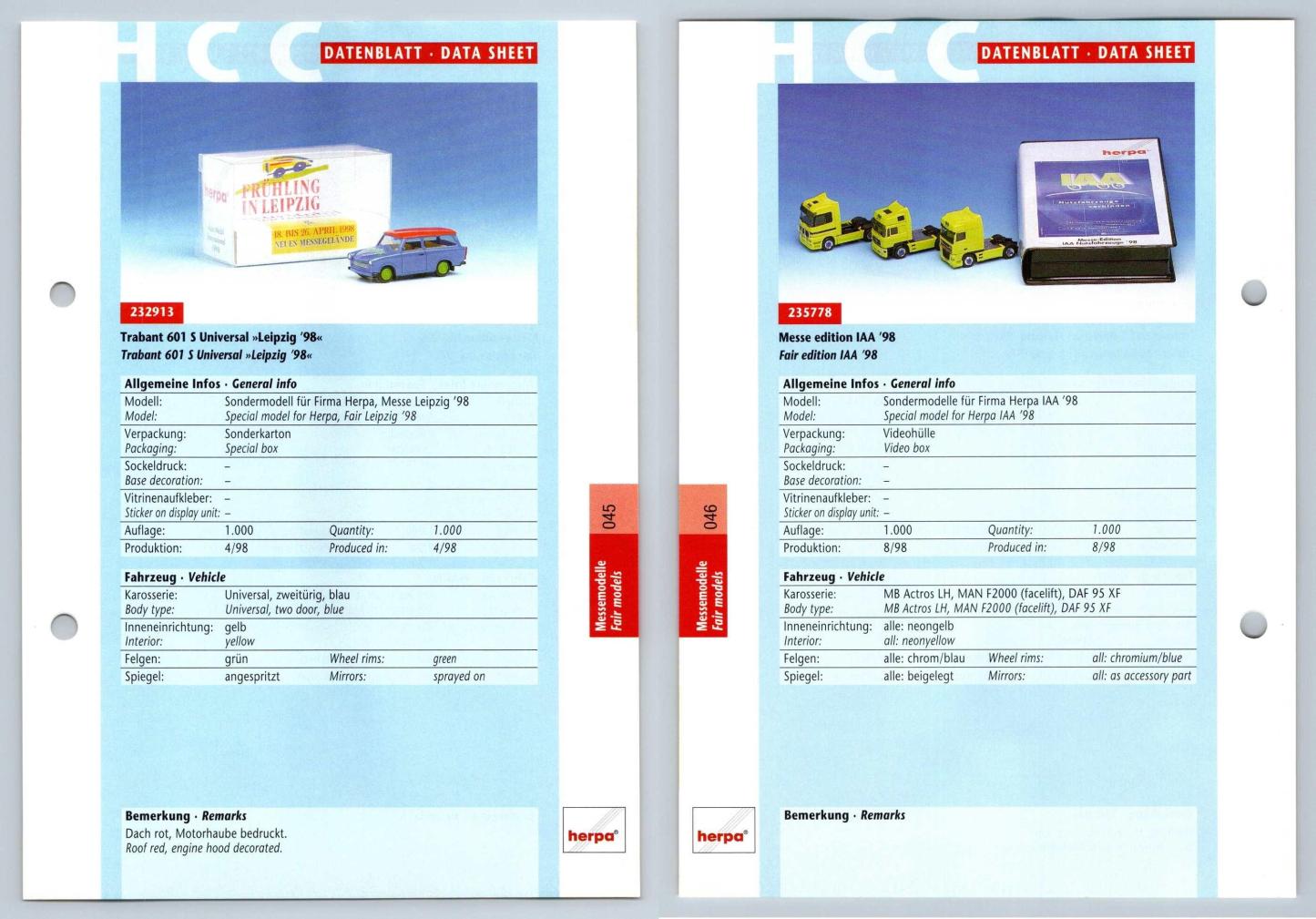 Trabant 601 S / Messe Edition IAA #45/46 Messemodelle - Herpa Data Sheet-Breakoutcards