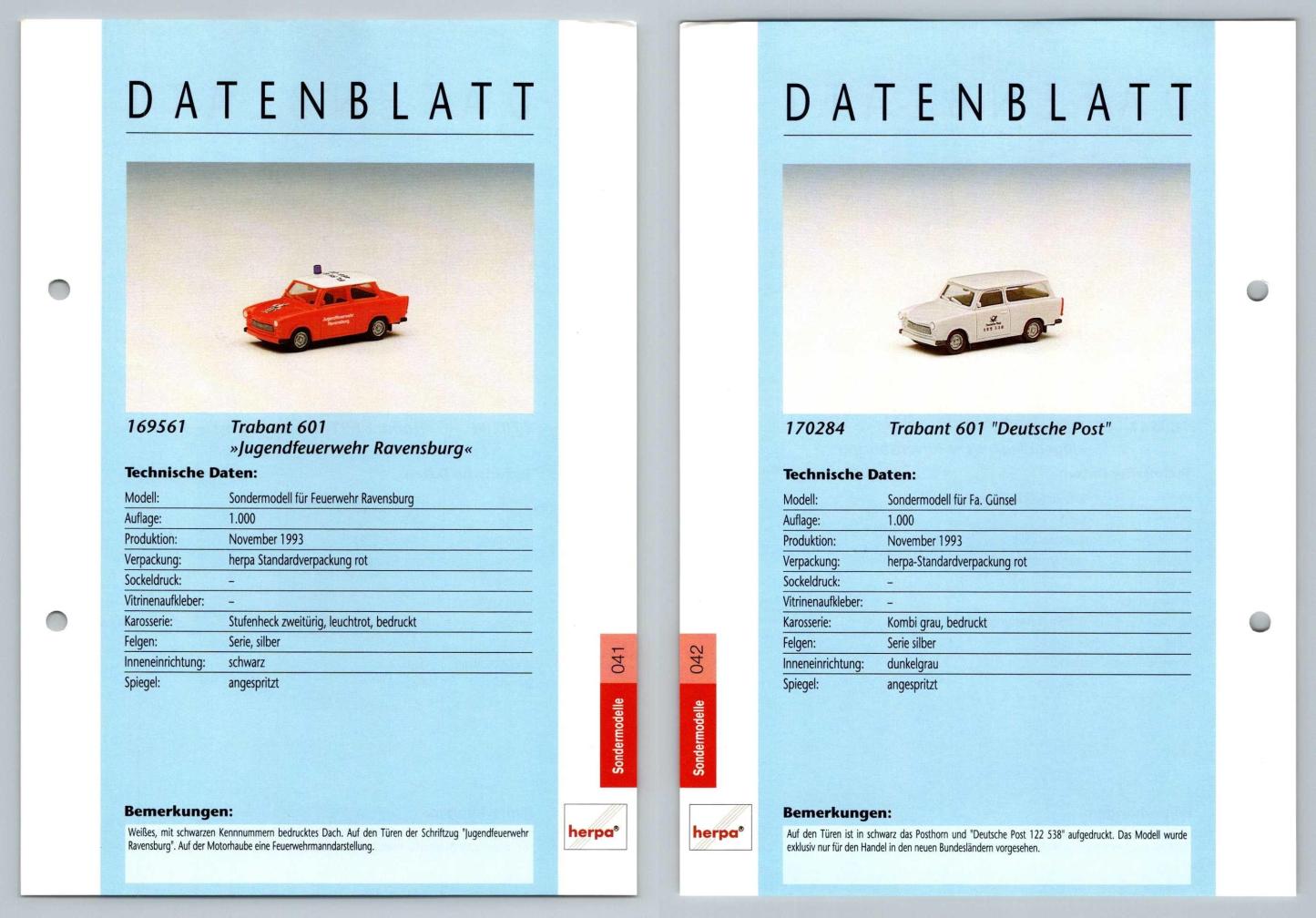Trabant 601 / Deutsche Post #41/42 Sondermodelle - Herpa Data Sheet-Breakoutcards