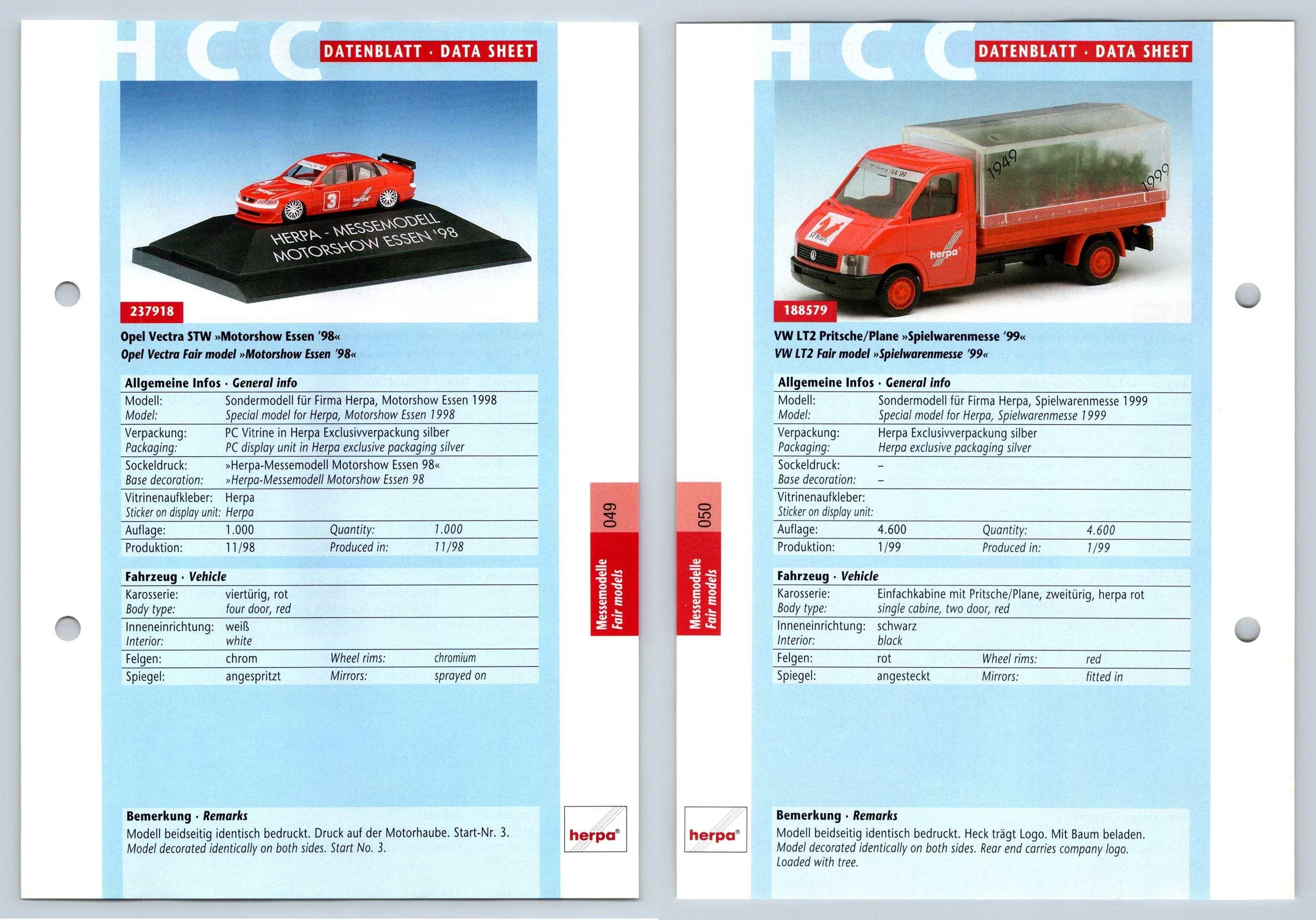 Opel Vectra STW / VW LT2 Pritsche #49/50 Messemodelle - Herpa Data Sheet-Breakoutcards