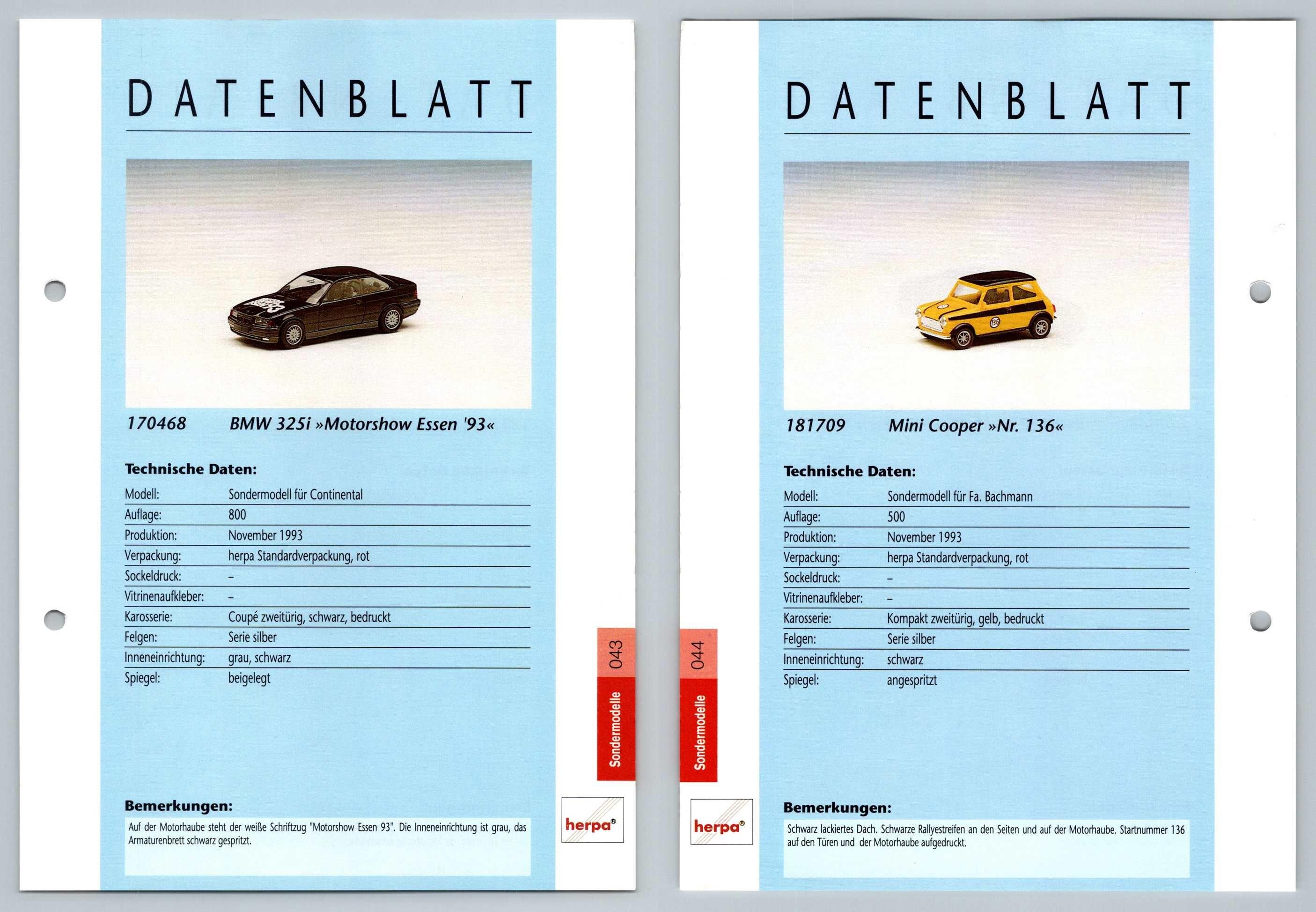 BMW 325i / Mini Cooper #43/44 Sondermodelle - Herpa Data Sheet-Breakoutcards