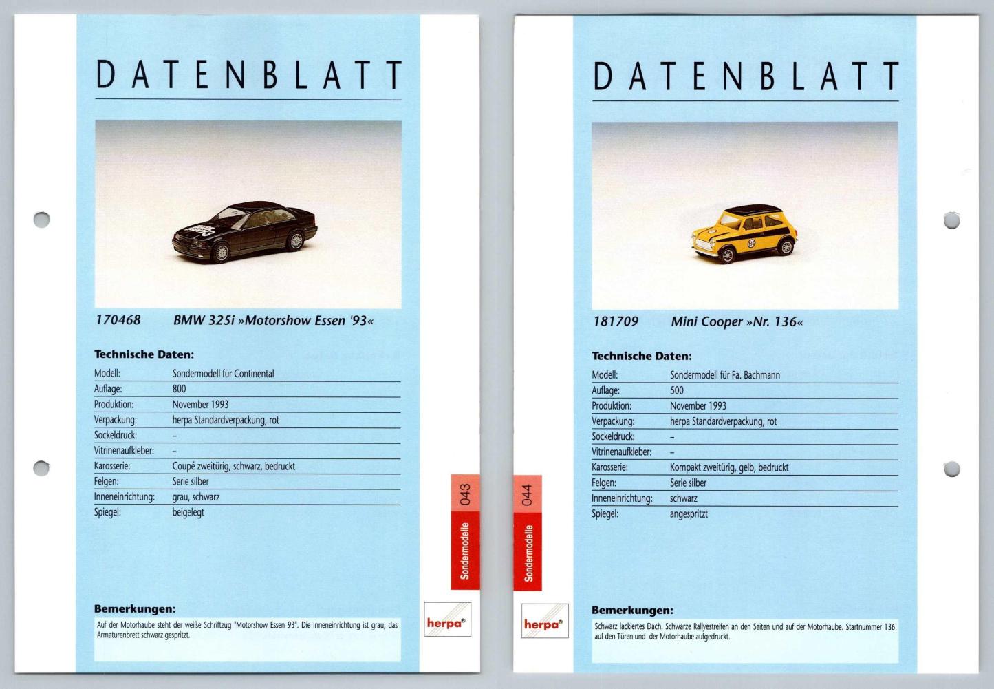 BMW 325i / Mini Cooper #43/44 Sondermodelle - Herpa Data Sheet-Breakoutcards