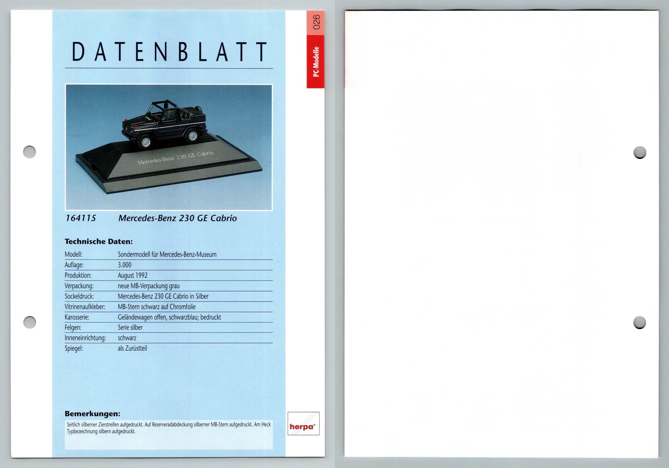 Mercedes Benz 230 GE Cabrio #26 PC-Modelle - Herpa Data Sheet-Breakoutcards