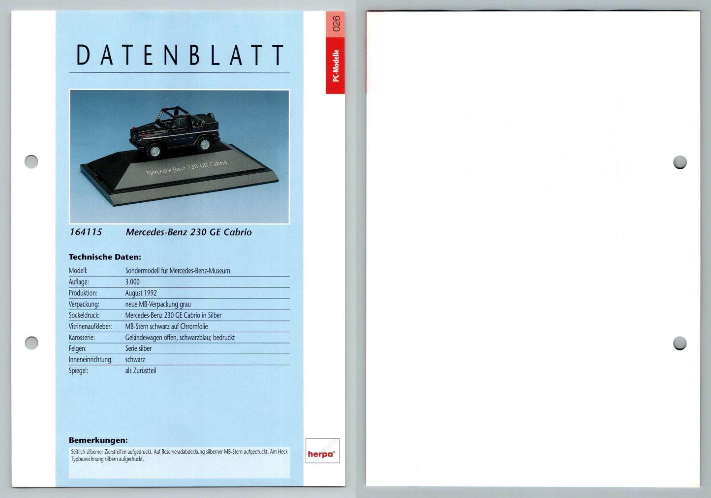 Mercedes Benz 230 GE Cabrio #26 PC-Modelle - Herpa Data Sheet-Breakoutcards