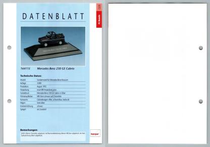 Mercedes Benz 230 GE Cabrio #26 PC-Modelle - Herpa Data Sheet-Breakoutcards