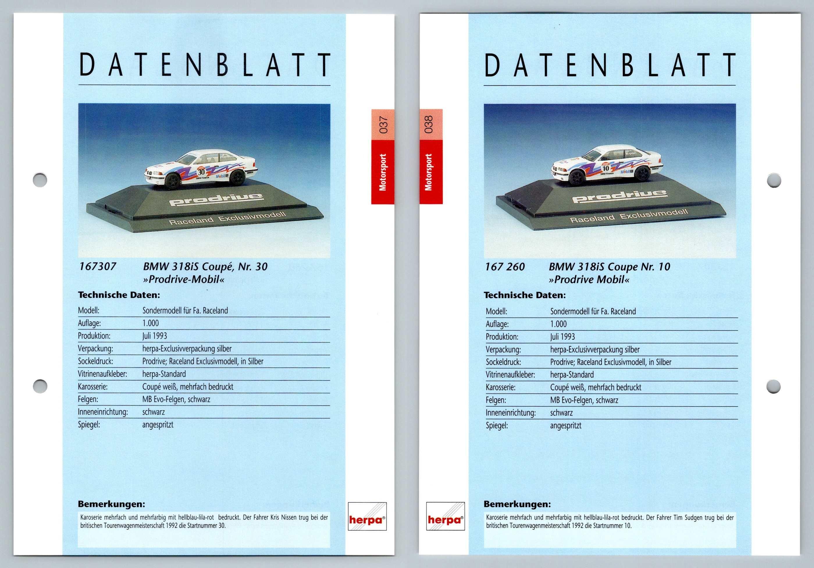 BMW 318iS Coupe Prodrive-Mobil #37/38 Motorsport - Herpa Data Sheet-Breakoutcards