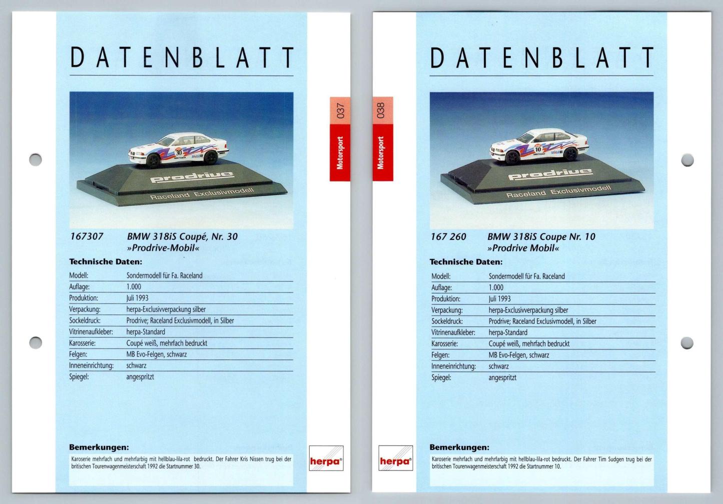 BMW 318iS Coupe Prodrive-Mobil #37/38 Motorsport - Herpa Data Sheet-Breakoutcards
