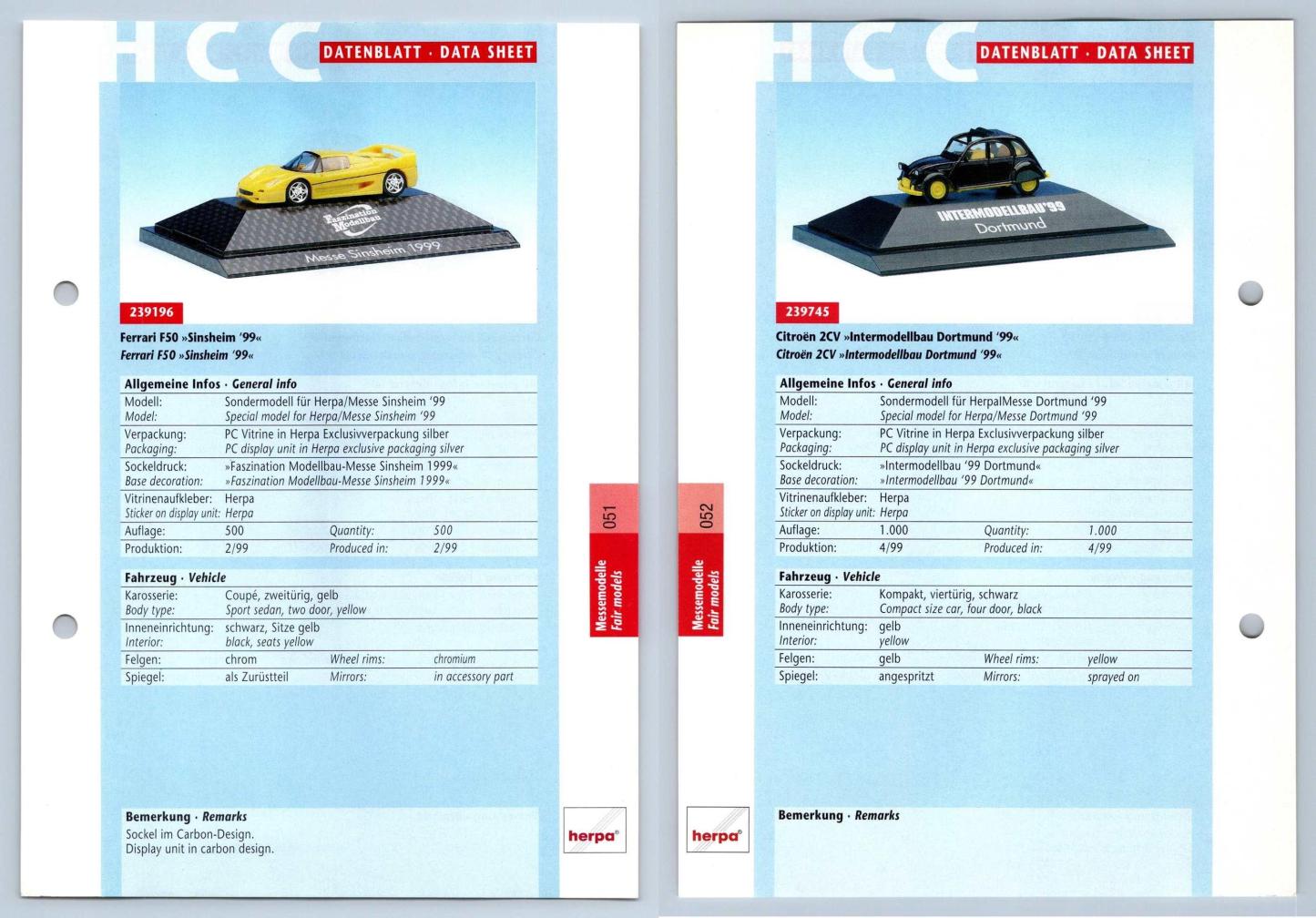 Ferrari F50 / Citroen 2CV #51/52 Messemodelle - Herpa Data Sheet-Breakoutcards
