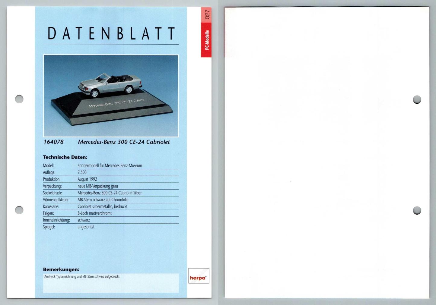 Mercedes Benz 300 CE-24 Cabriolet #27 PC-Modelle - Herpa Data Sheet-Breakoutcards