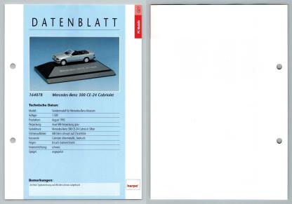 Mercedes Benz 300 CE-24 Cabriolet #27 PC-Modelle - Herpa Data Sheet-Breakoutcards