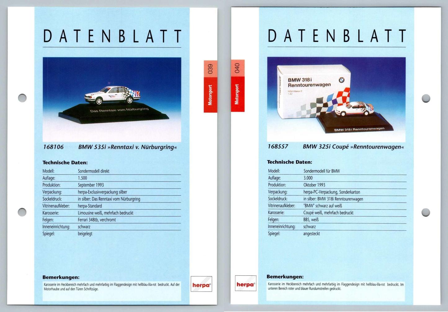 BMW 535i Renntaxi / 325i Coupe #39/40 Motorsport - Herpa Data Sheet-Breakoutcards