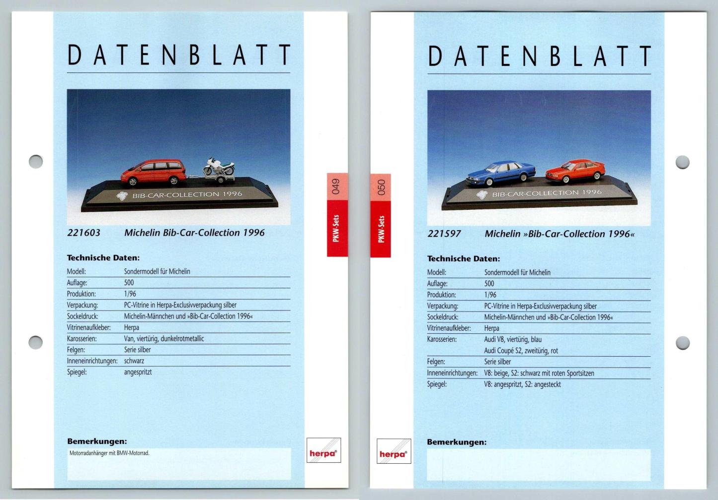 Michelin Car Collection #49/50 PKW - Herpa Data Sheet-Breakoutcards
