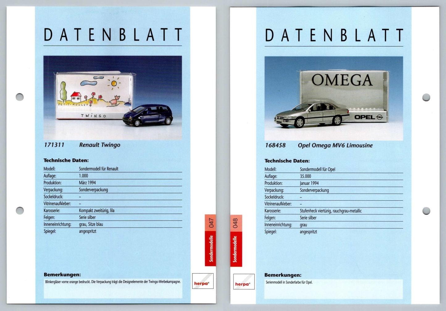 Renault Twingo / Opel Omega MV6 #47/48 Sondermodelle - Herpa Data Sheet-Breakoutcards