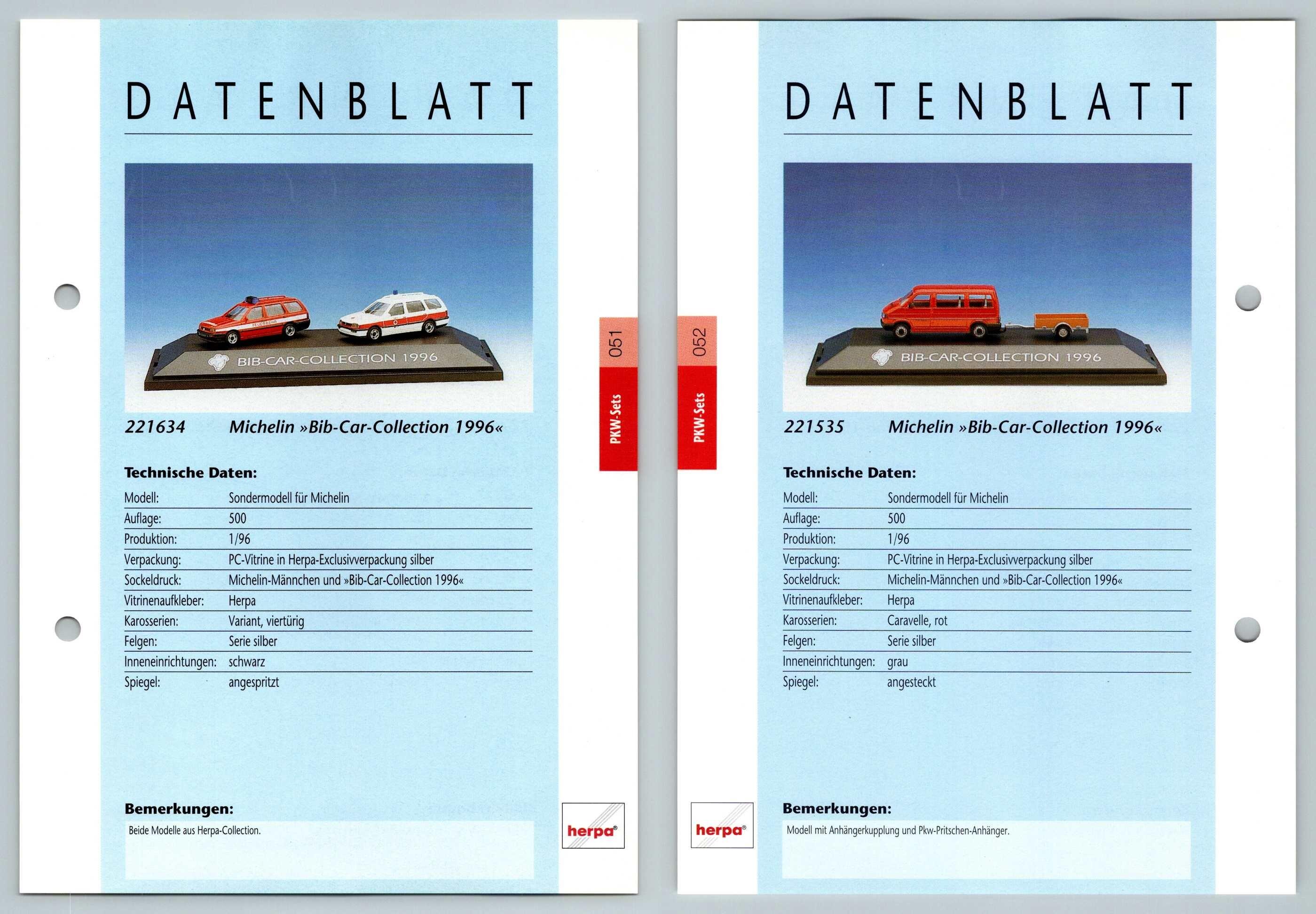 Michelin Car Collection #51/52 PKW - Herpa Data Sheet-Breakoutcards