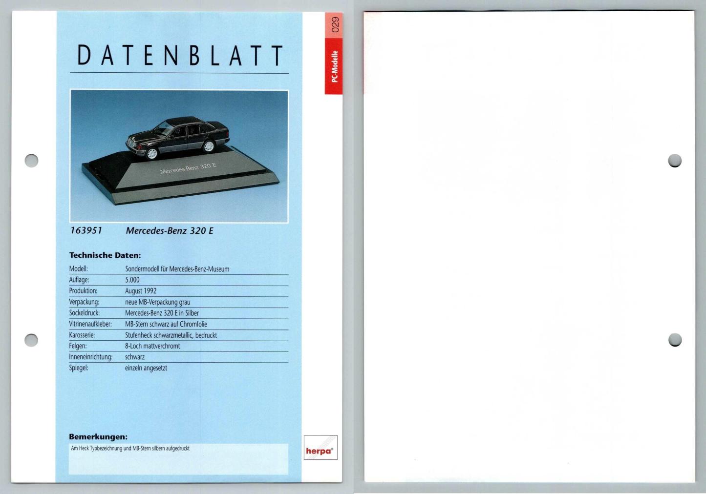 Mercedes Benz 320 E #29 PC-Modelle - Herpa Data Sheet-Breakoutcards