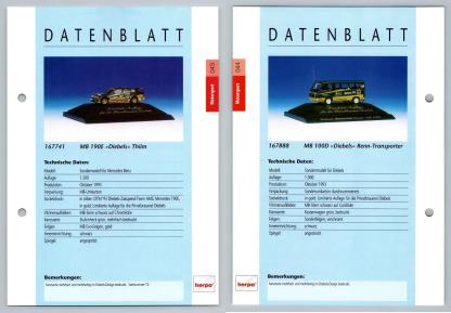 Mercedes Benz 190E / 100D Diebels #43/44 Motorsport - Herpa Data Sheet-Breakoutcards