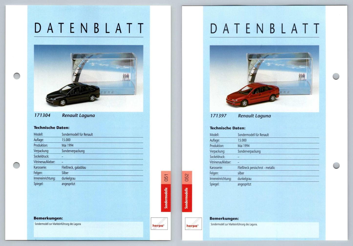 Renault Laguna #51/52 Sondermodelle - Herpa Data Sheet-Breakoutcards