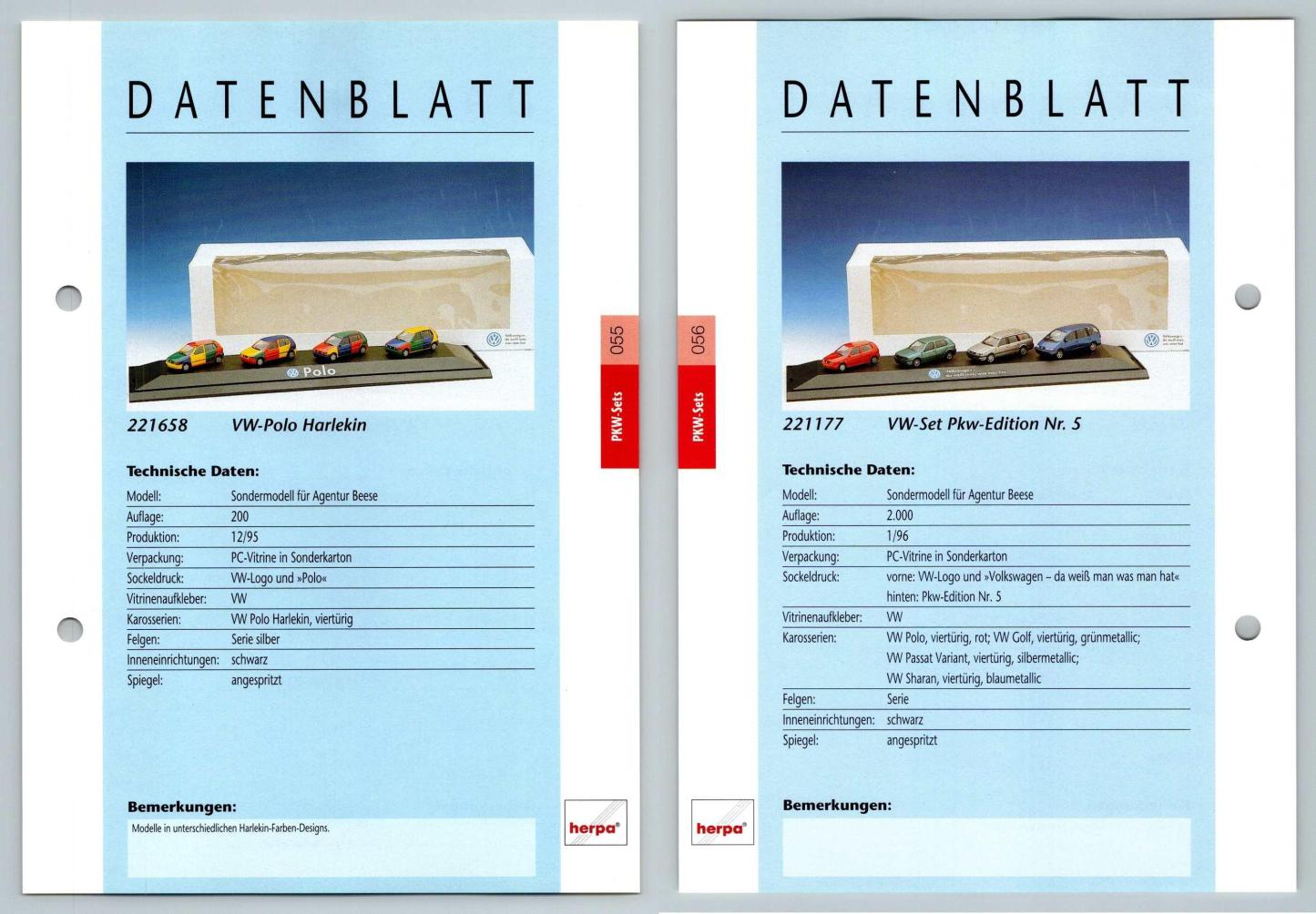 VW Polo / VW Set #55/56 PKW - Herpa Data Sheet-Breakoutcards