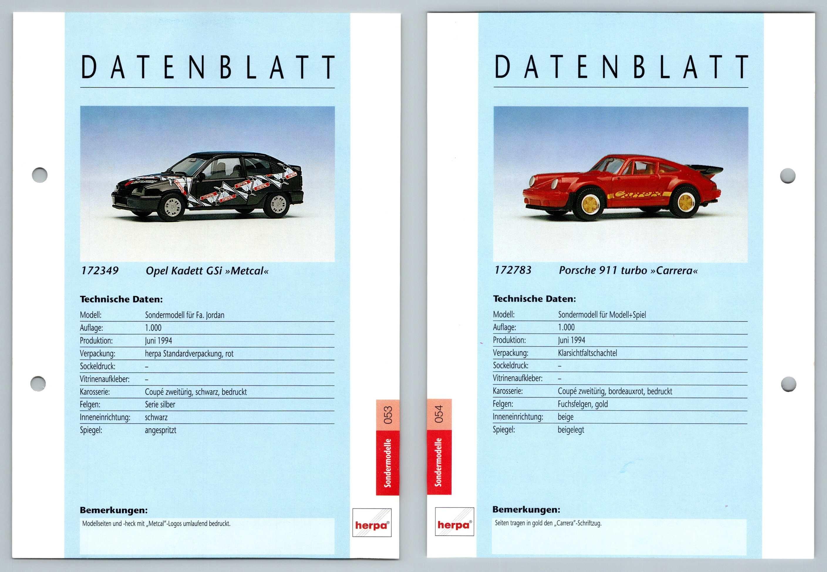 Opel Kadett GSi / Porsche 911 Turbo #53/54 Sondermodelle - Herpa Data Sheet-Breakoutcards