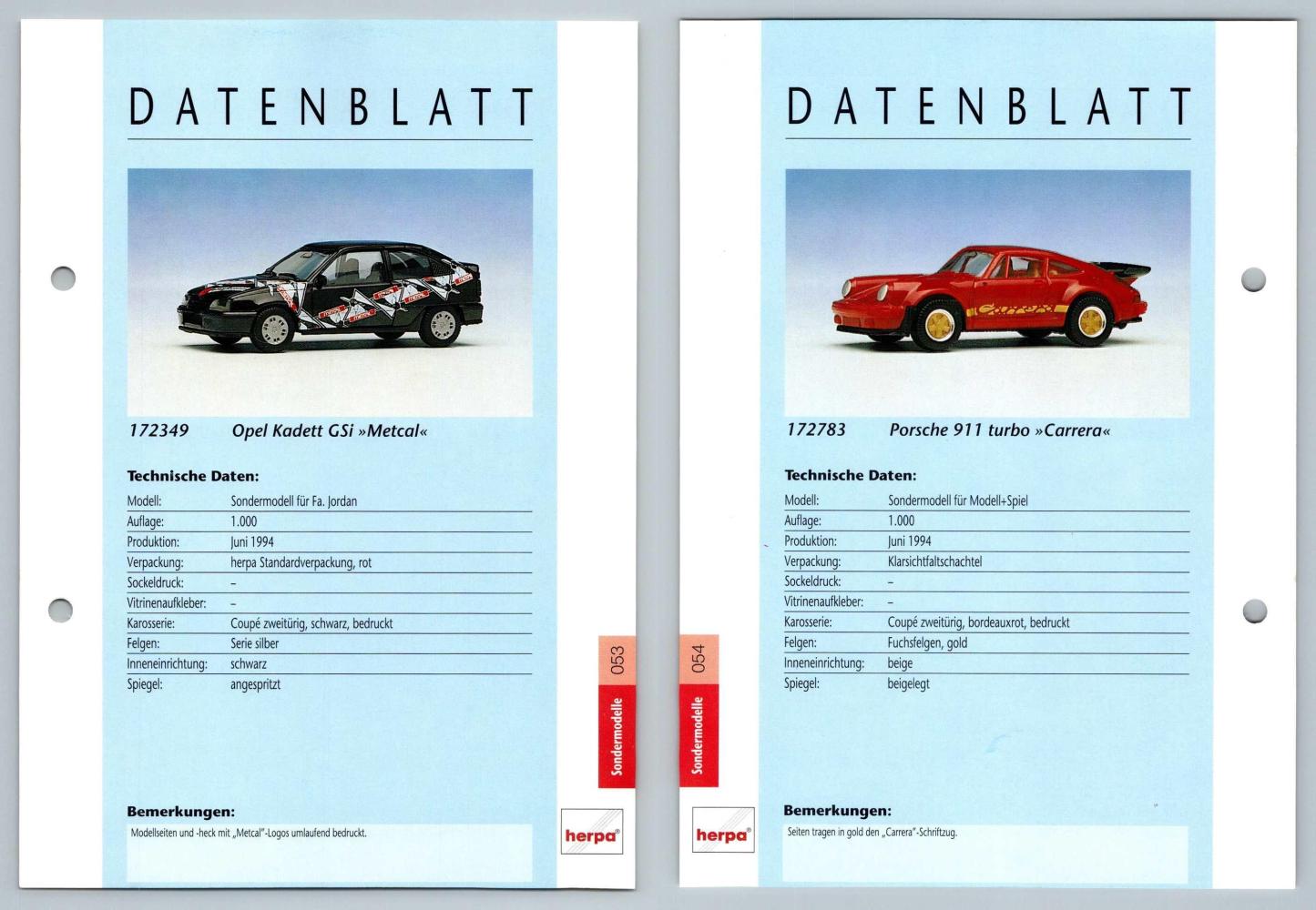 Opel Kadett GSi / Porsche 911 Turbo #53/54 Sondermodelle - Herpa Data Sheet-Breakoutcards
