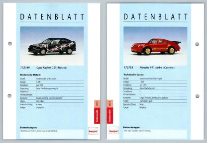 Opel Kadett GSi / Porsche 911 Turbo #53/54 Sondermodelle - Herpa Data Sheet-Breakoutcards