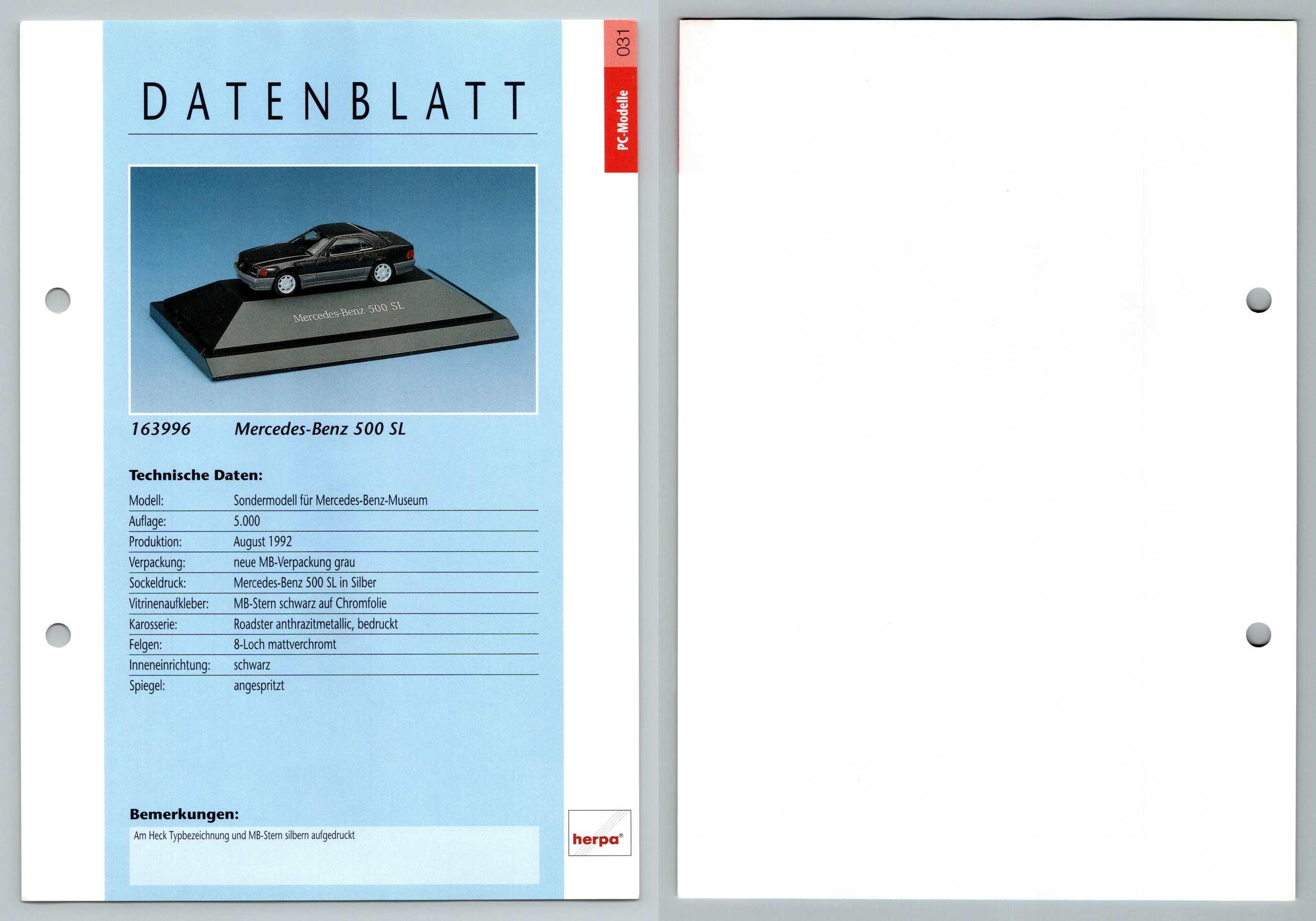 Mercedes Benz 500 SL #31 PC-Modelle - Herpa Data Sheet-Breakoutcards