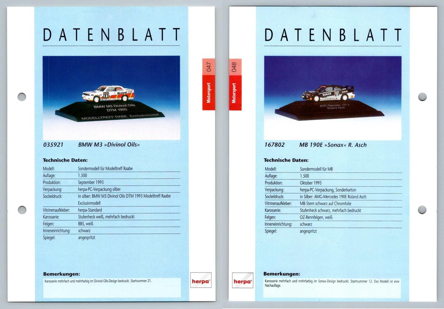 BMW M3 / MB 190E #47/48 Motorsport - Herpa Data Sheet-Breakoutcards