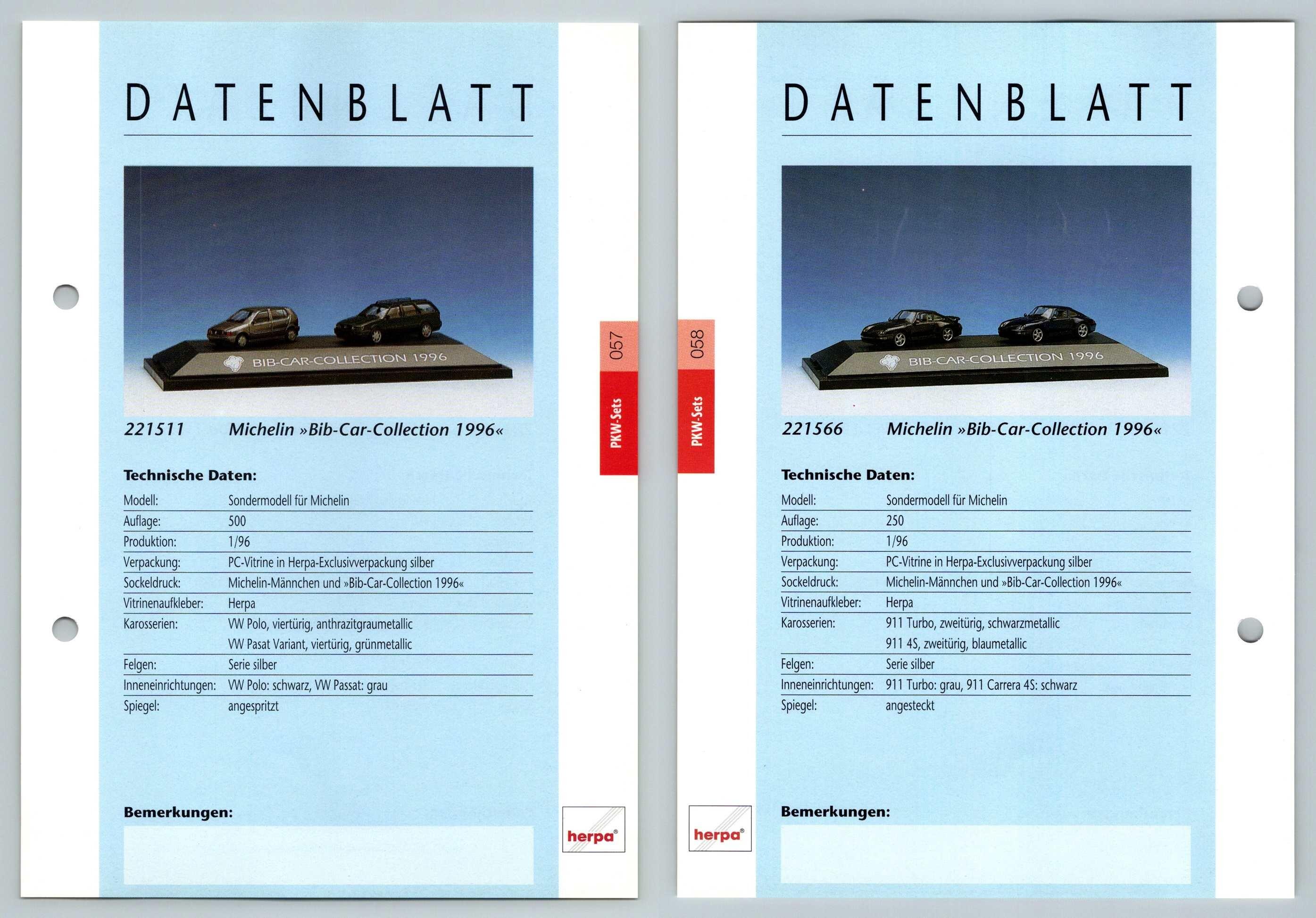 Michelin Car Collection #57/58 PKW - Herpa Data Sheet-Breakoutcards