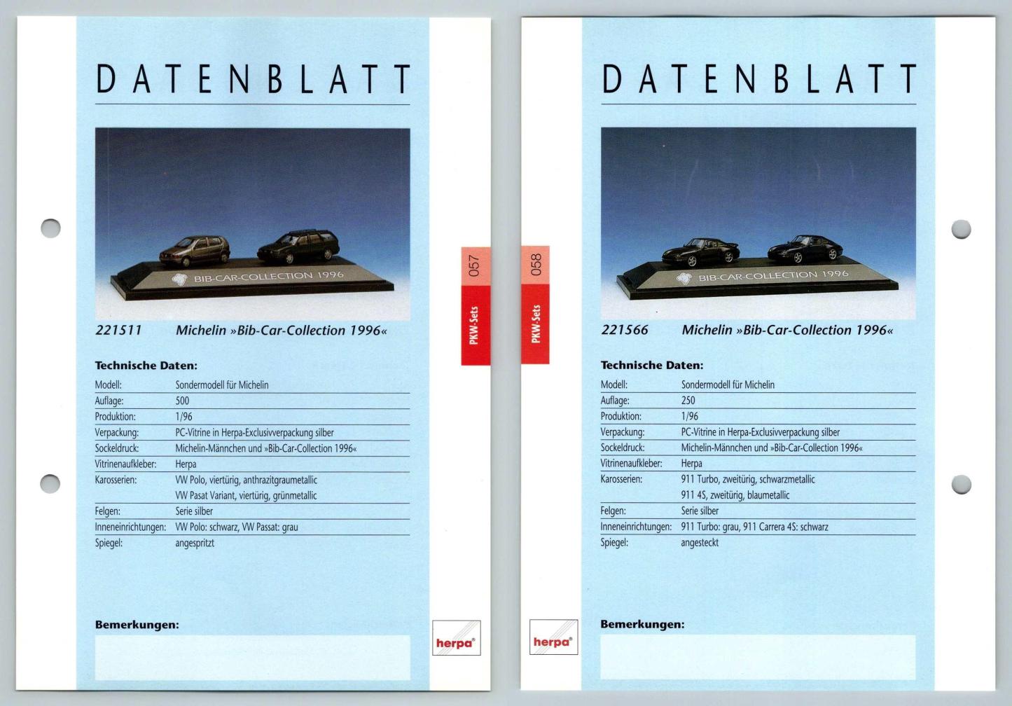 Michelin Car Collection #57/58 PKW - Herpa Data Sheet-Breakoutcards