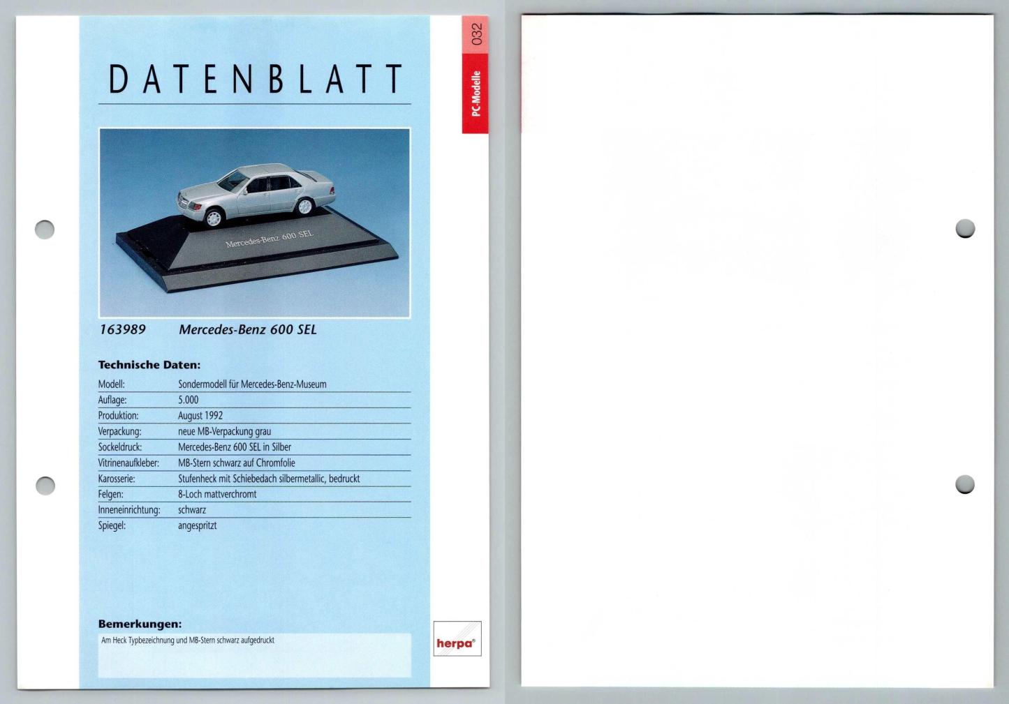 Mercedes Benz 600 SEL #32 PC-Modelle - Herpa Data Sheet-Breakoutcards