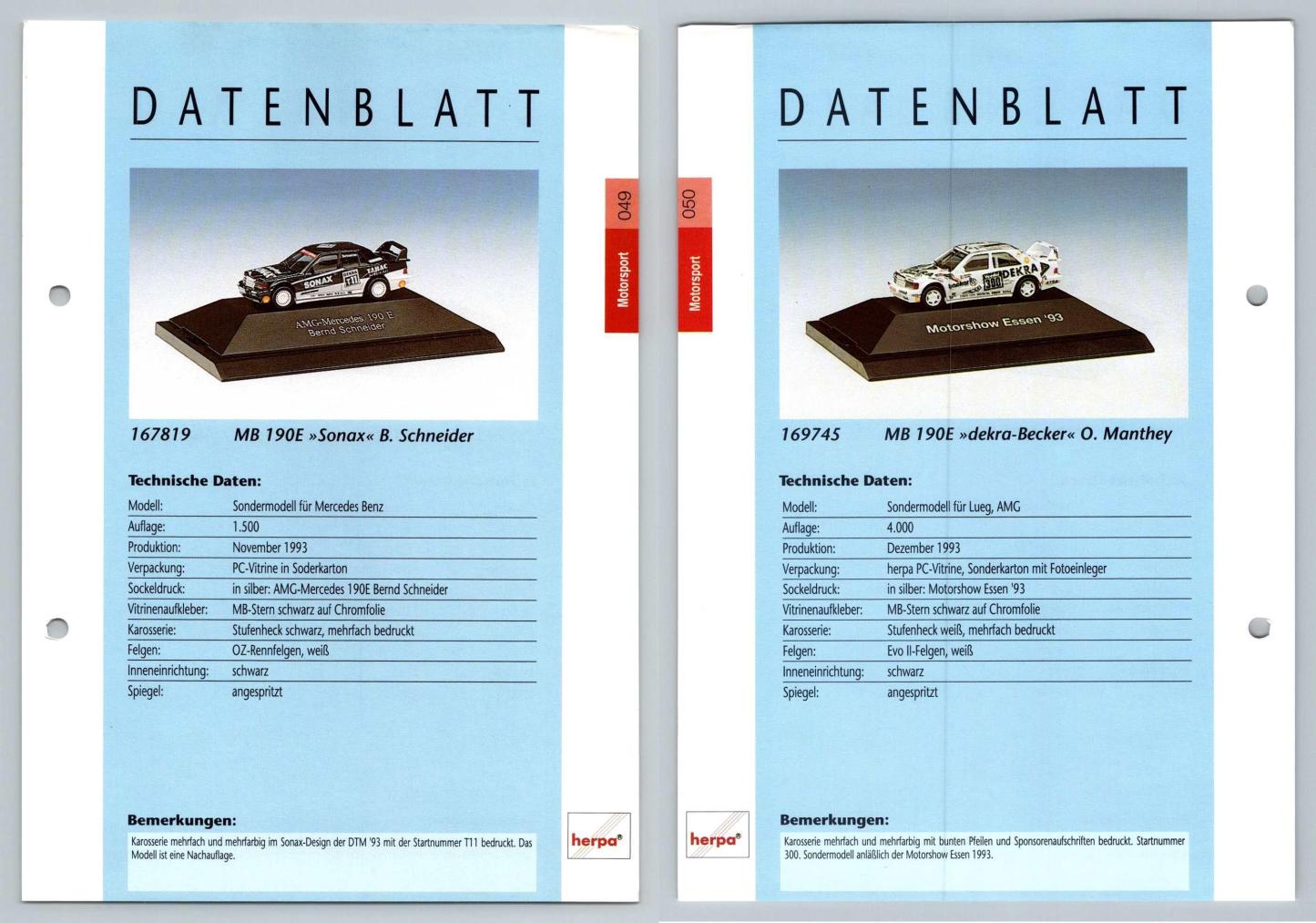 Mercedes Benz 190E Sonax / Dekra Becker #49/50 Motorsport - Herpa Data Sheet-Breakoutcards