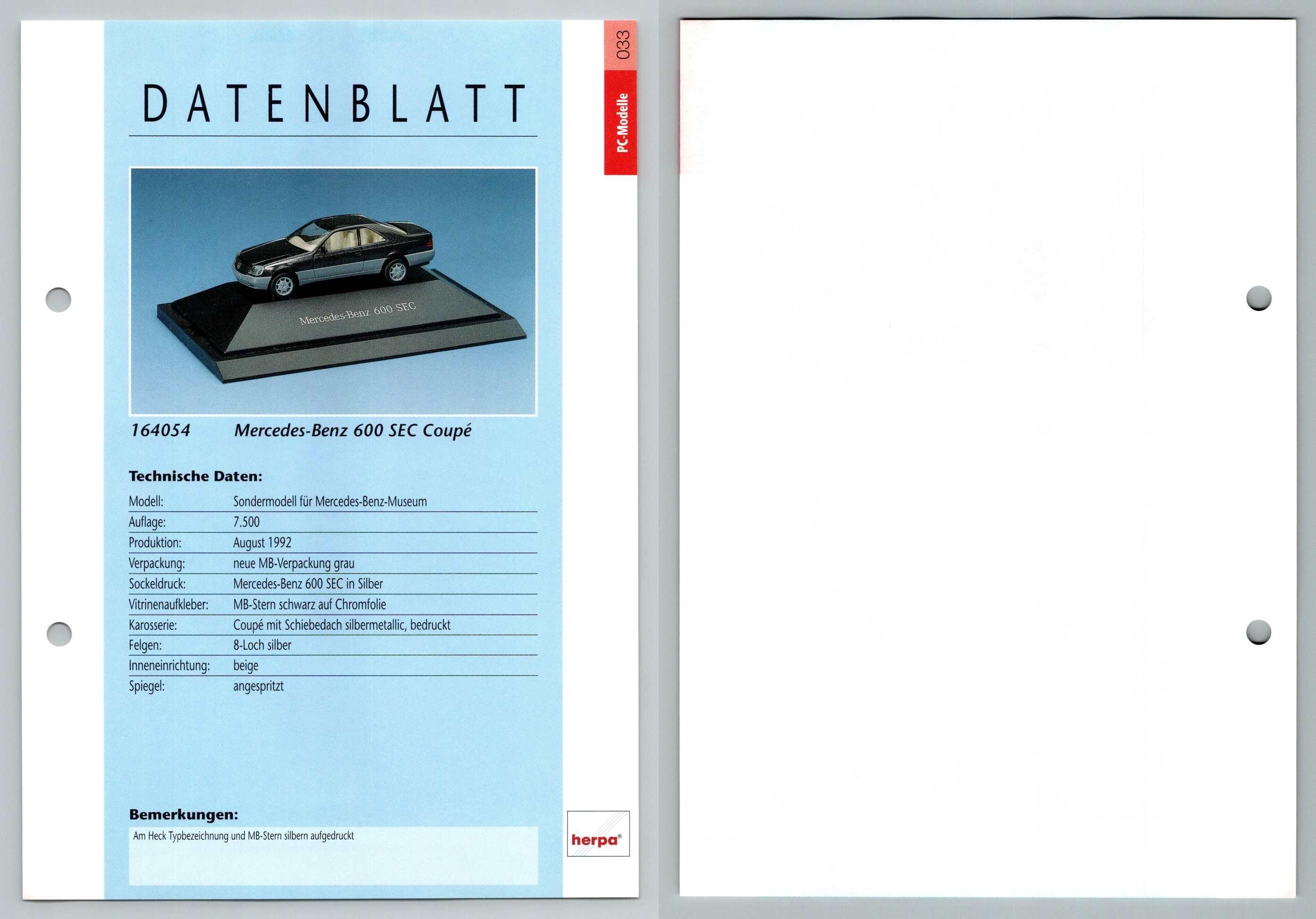 Mercedes Benz 600 SEC Coupe #33 PC-Modelle - Herpa Data Sheet-Breakoutcards