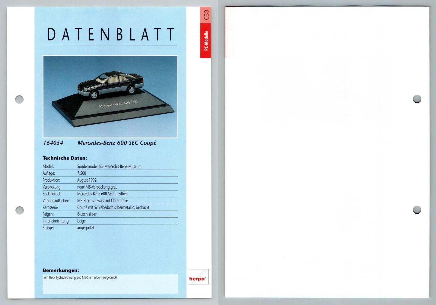 Mercedes Benz 600 SEC Coupe #33 PC-Modelle - Herpa Data Sheet-Breakoutcards