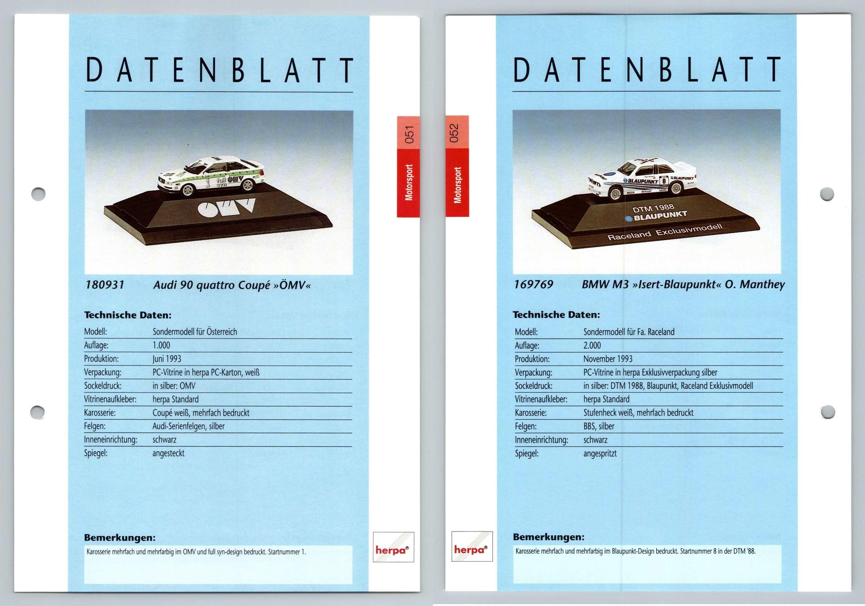 Audi 90 Quattro Coupe / BMW M3 #61/62 Motorsport - Herpa Data Sheet-Breakoutcards