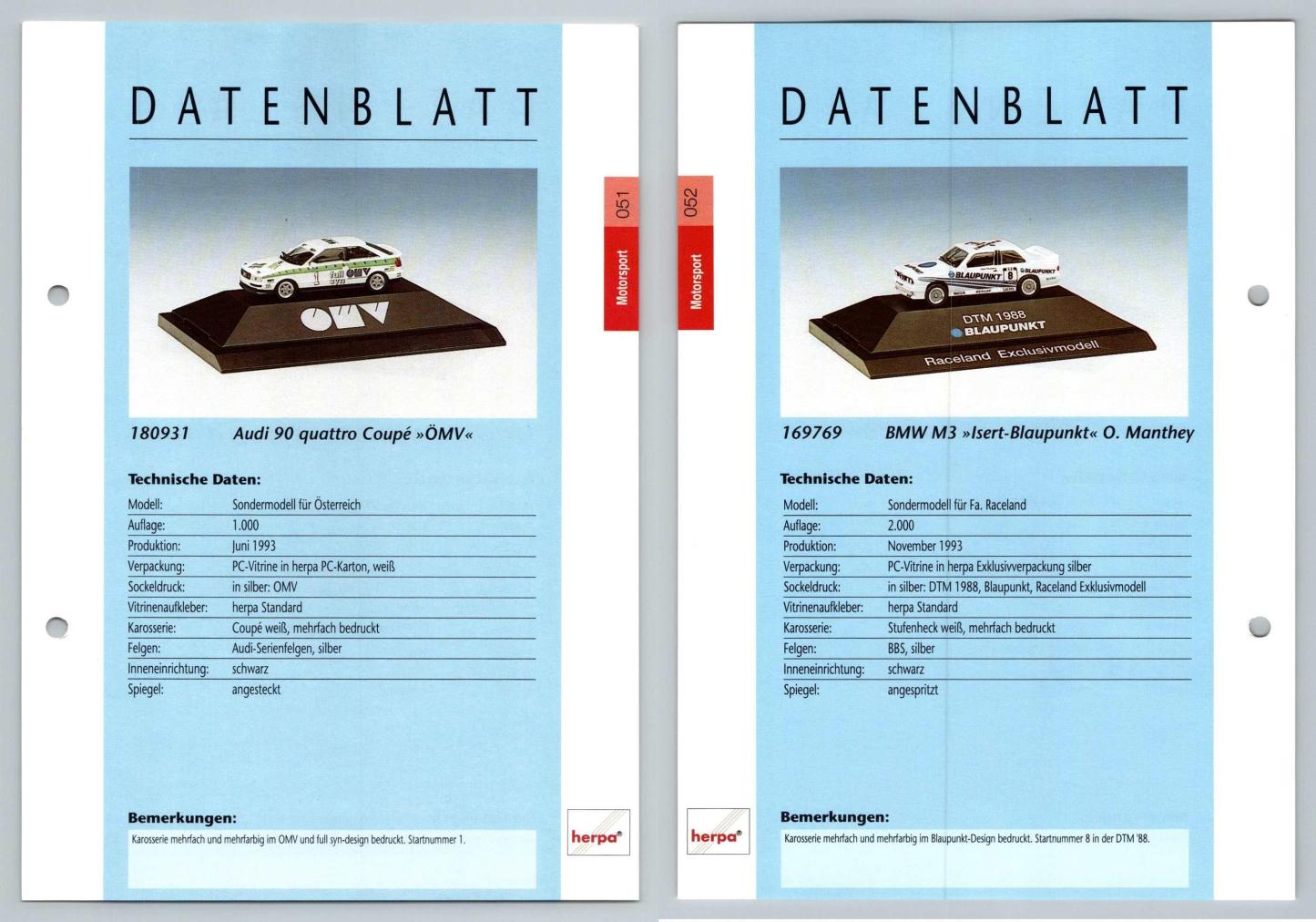 Audi 90 Quattro Coupe / BMW M3 #61/62 Motorsport - Herpa Data Sheet-Breakoutcards