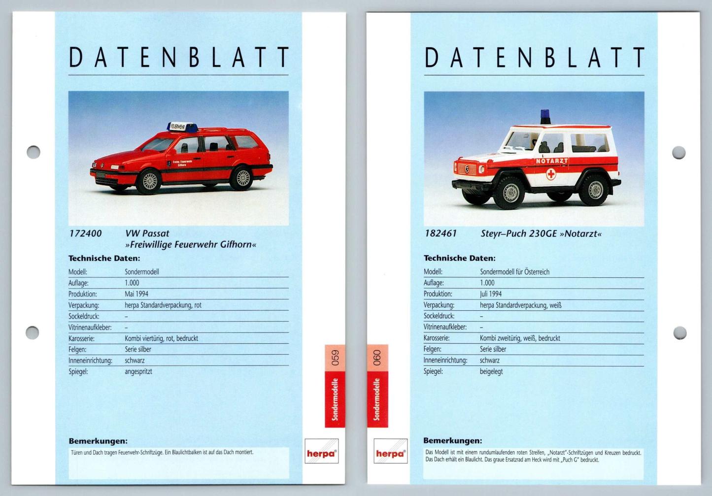 VW Passat / Steyr-Puch 230GE #59/60 Sondermodelle - Herpa Data Sheet-Breakoutcards