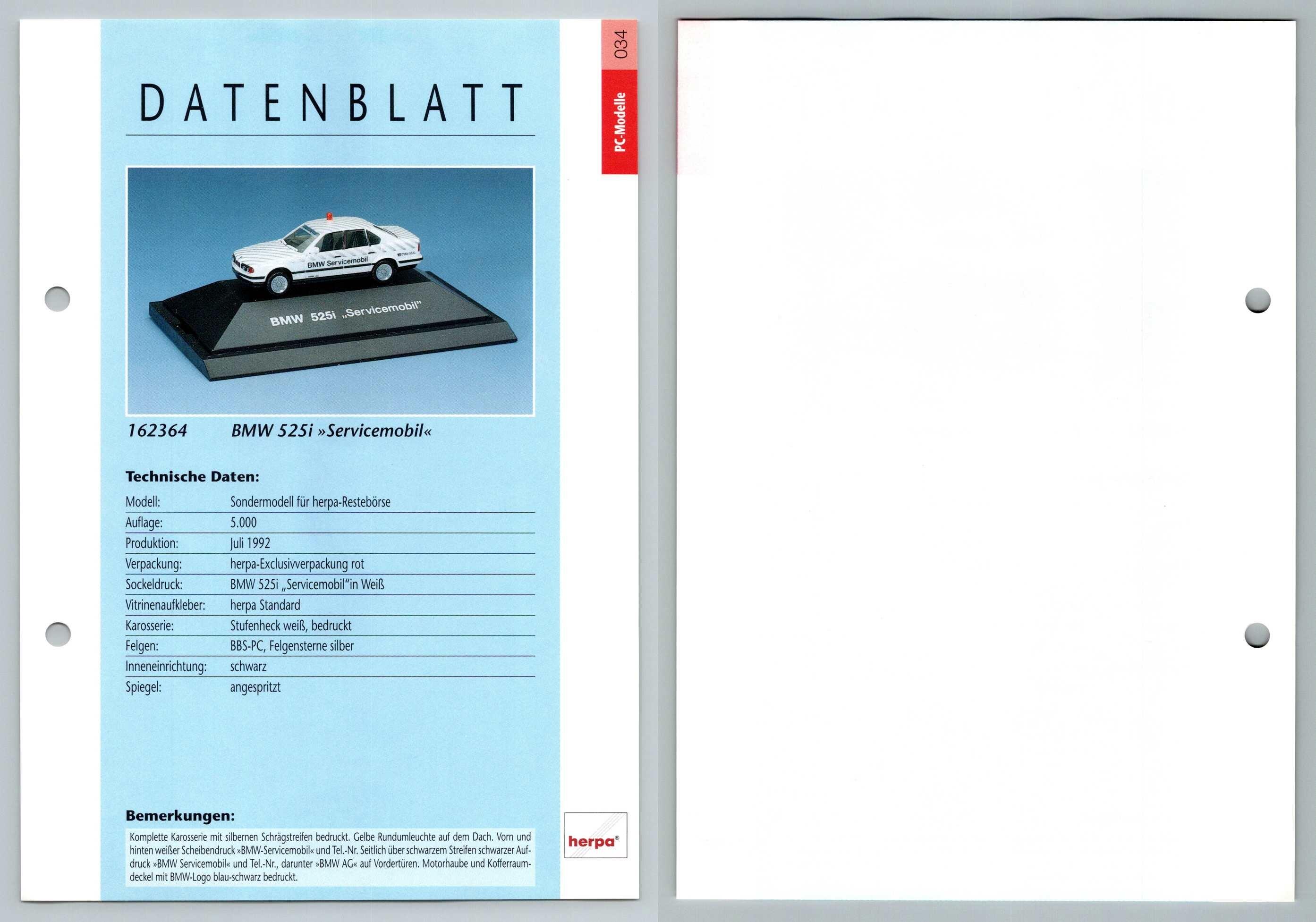 BMW 525i - Servicemobil #34 PC-Modelle - Herpa Data Sheet-Breakoutcards