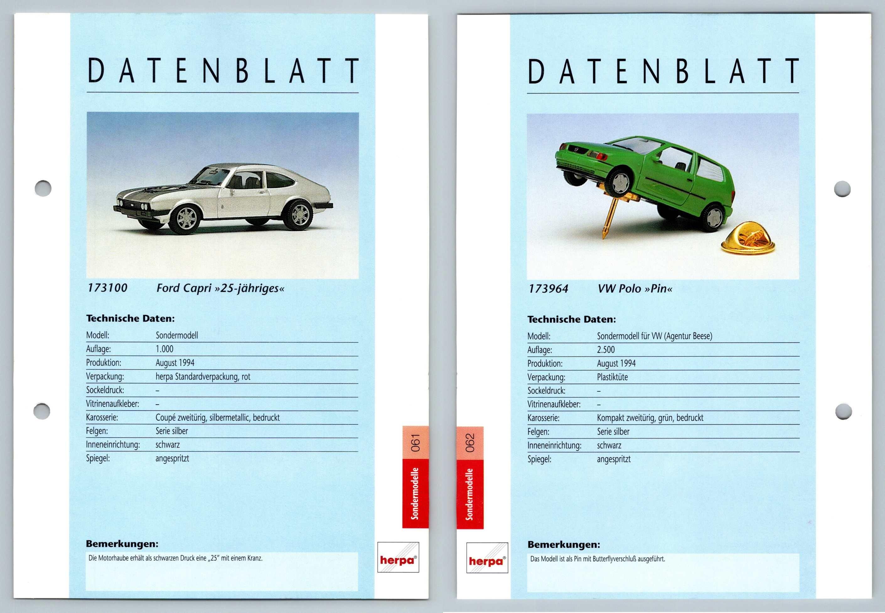 Ford Capri / VW Polo #61/62 Sondermodelle - Herpa Data Sheet-Breakoutcards