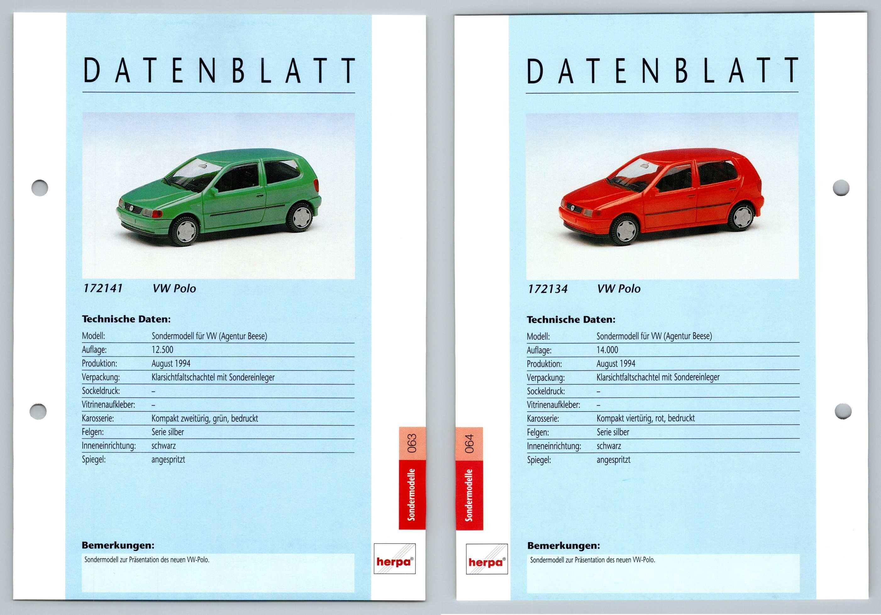 VW Golf / VW Polo #63/64 Sondermodelle - Herpa Data Sheet-Breakoutcards