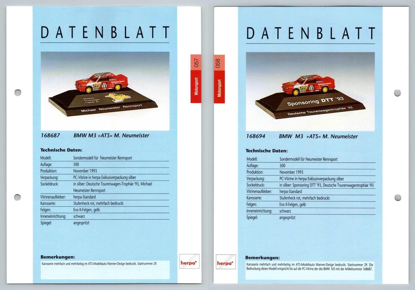 BMW M3 ATS #57/58 Motorsport - Herpa Data Sheet-Breakoutcards