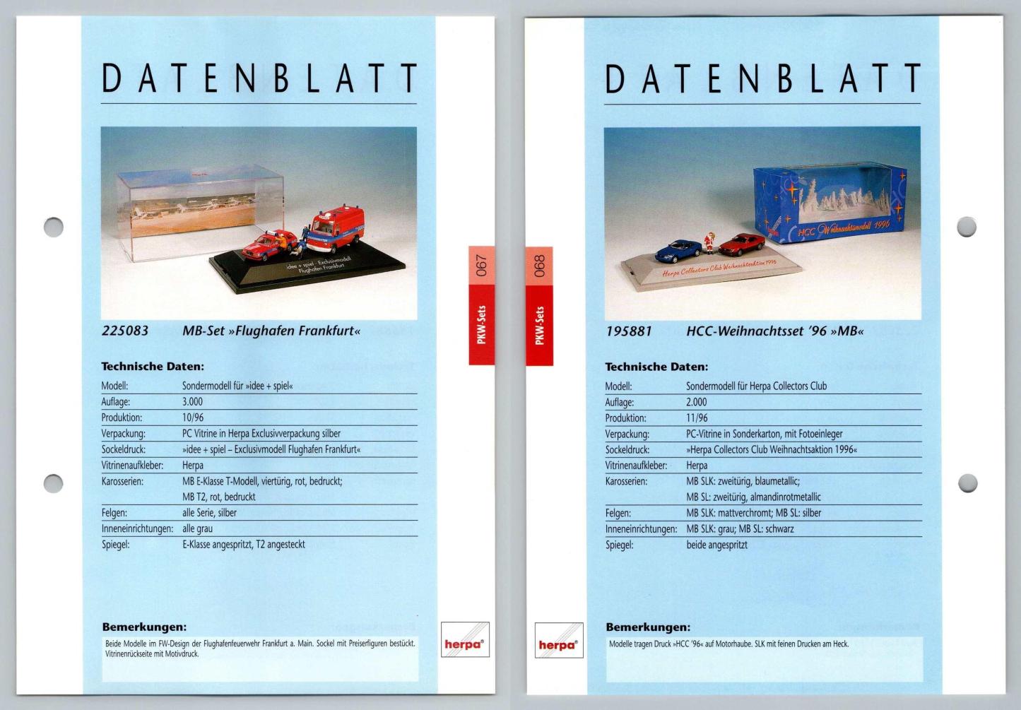Mercedes Benz Set / Weihnachtsset #67/68 PKW - Herpa Data Sheet-Breakoutcards