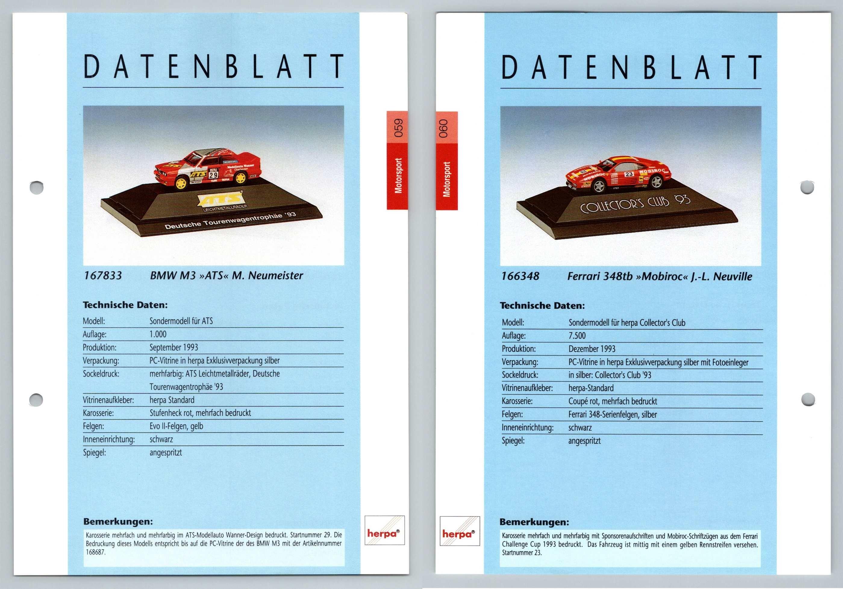 BMW M3 ATS / Ferrari 348tb #59/60 Motorsport - Herpa Data Sheet-Breakoutcards