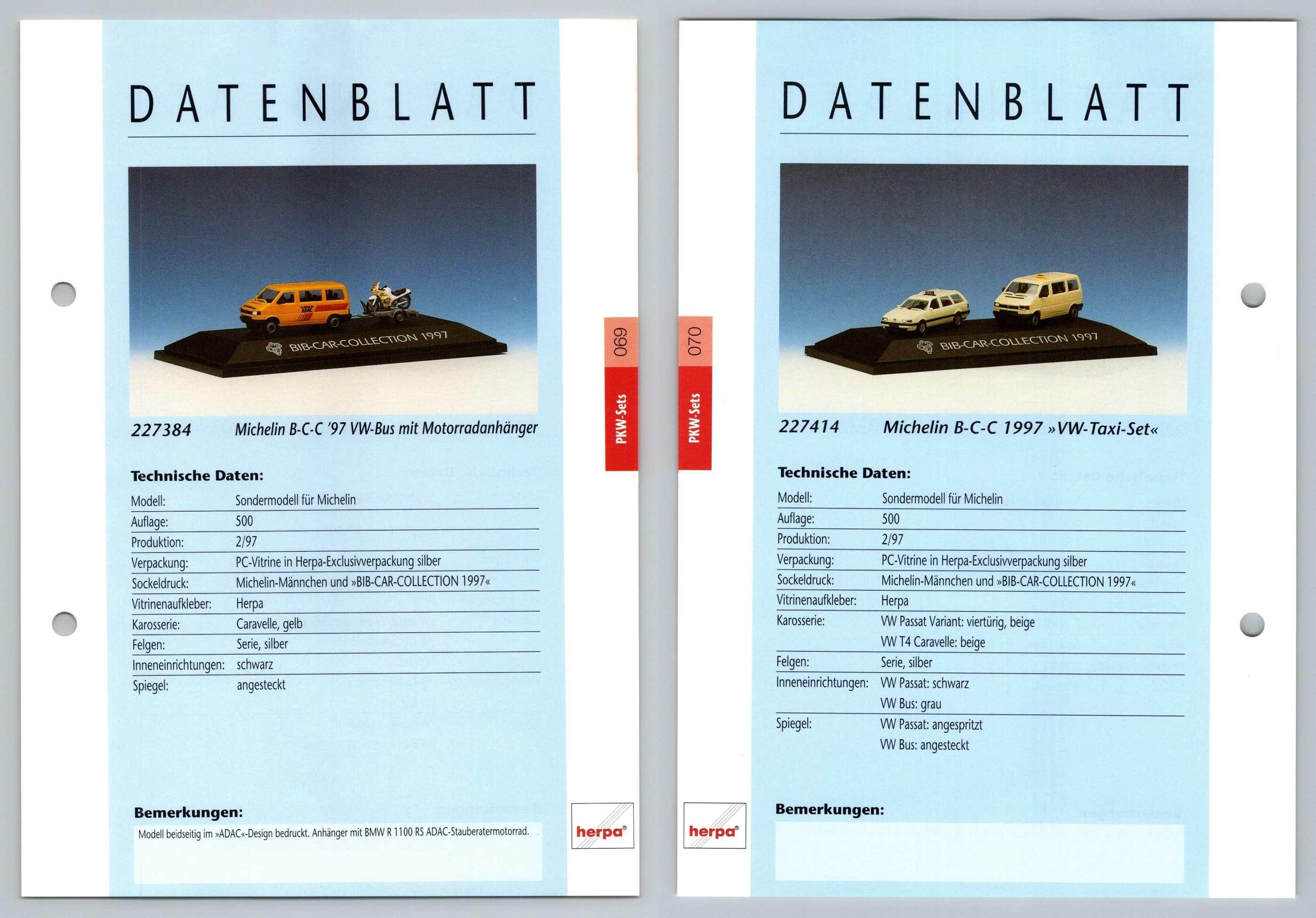 Michelin VW Bus / VW Taxi #69/70 PKW - Herpa Data Sheet-Breakoutcards