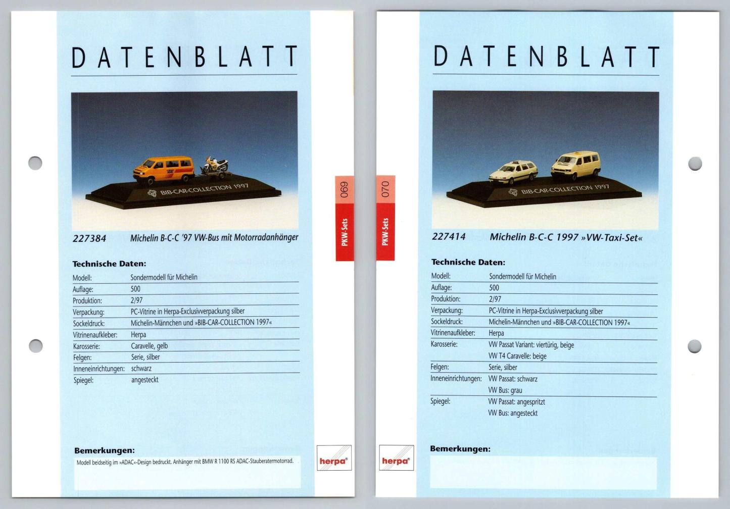 Michelin VW Bus / VW Taxi #69/70 PKW - Herpa Data Sheet-Breakoutcards