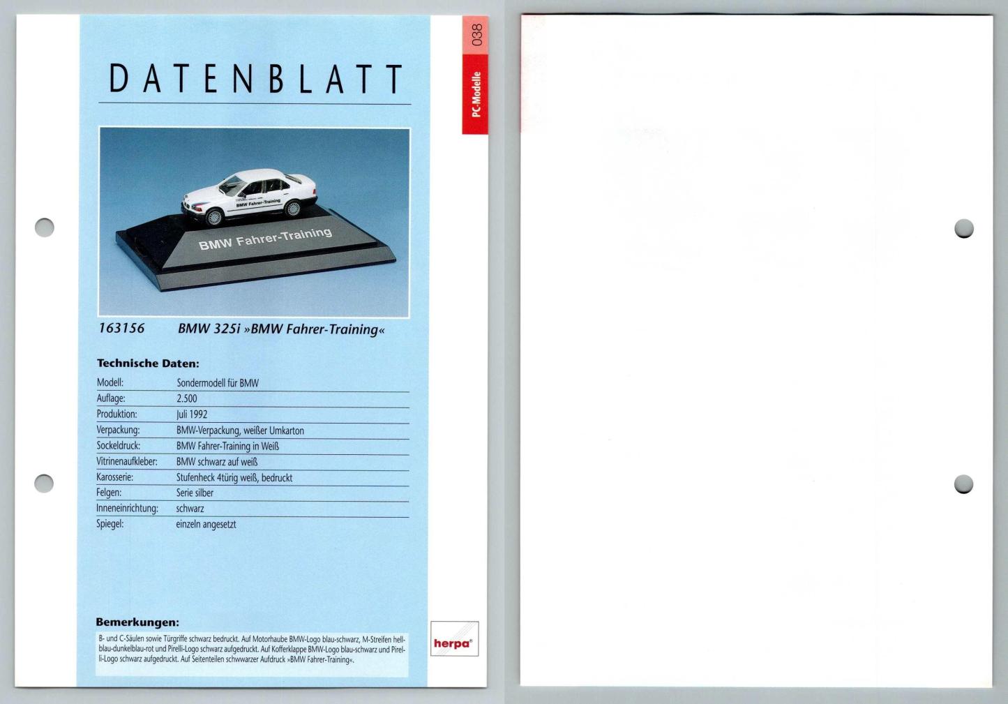 BMW 325i - Fahrer Training #38 PC-Modelle - Herpa Data Sheet-Breakoutcards