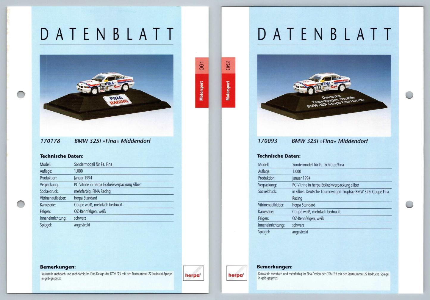 BMW 325i Fina #61/62 Motorsport - Herpa Data Sheet-Breakoutcards