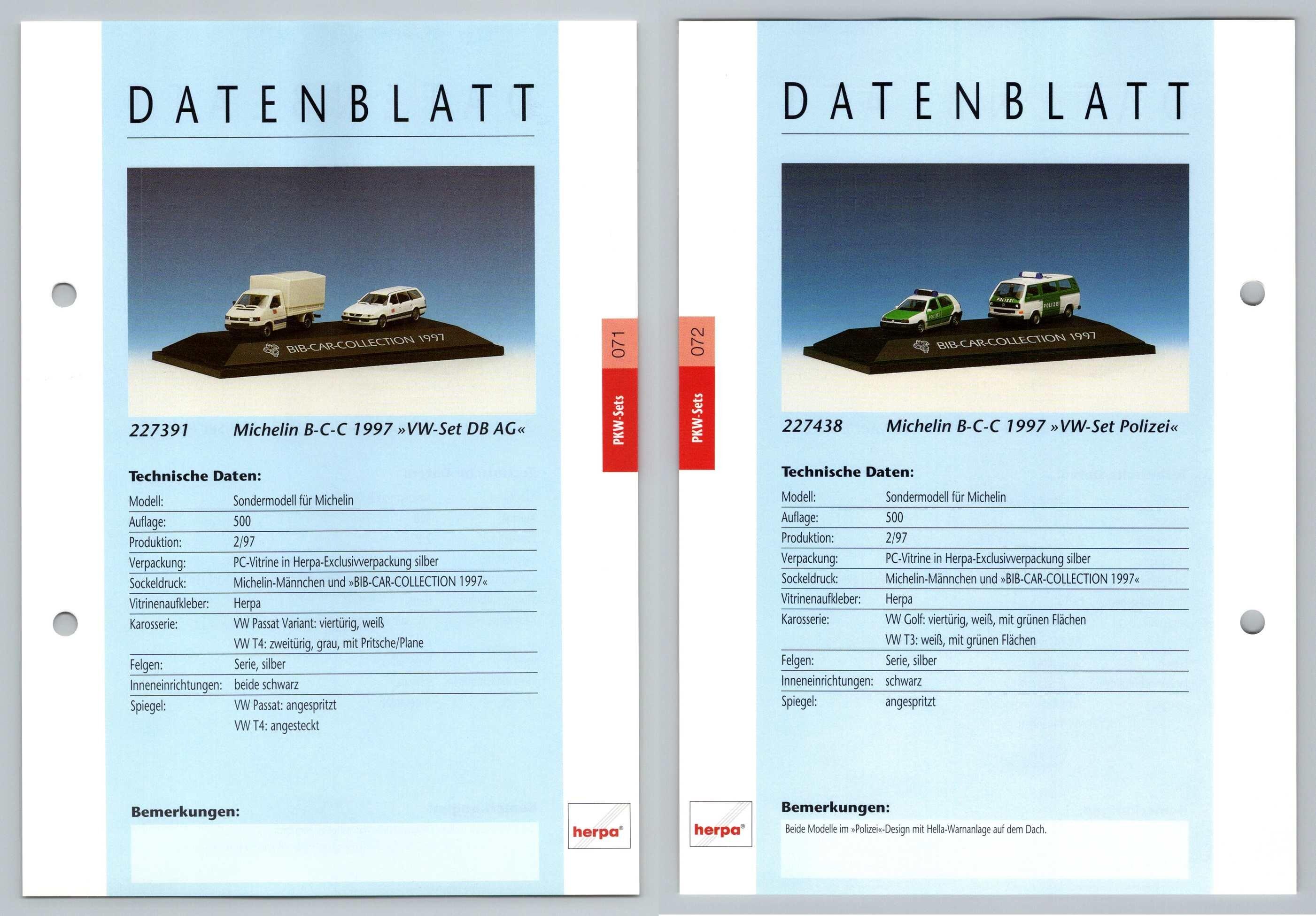 Michelin VW Set / Polizei #71/72 PKW - Herpa Data Sheet-Breakoutcards