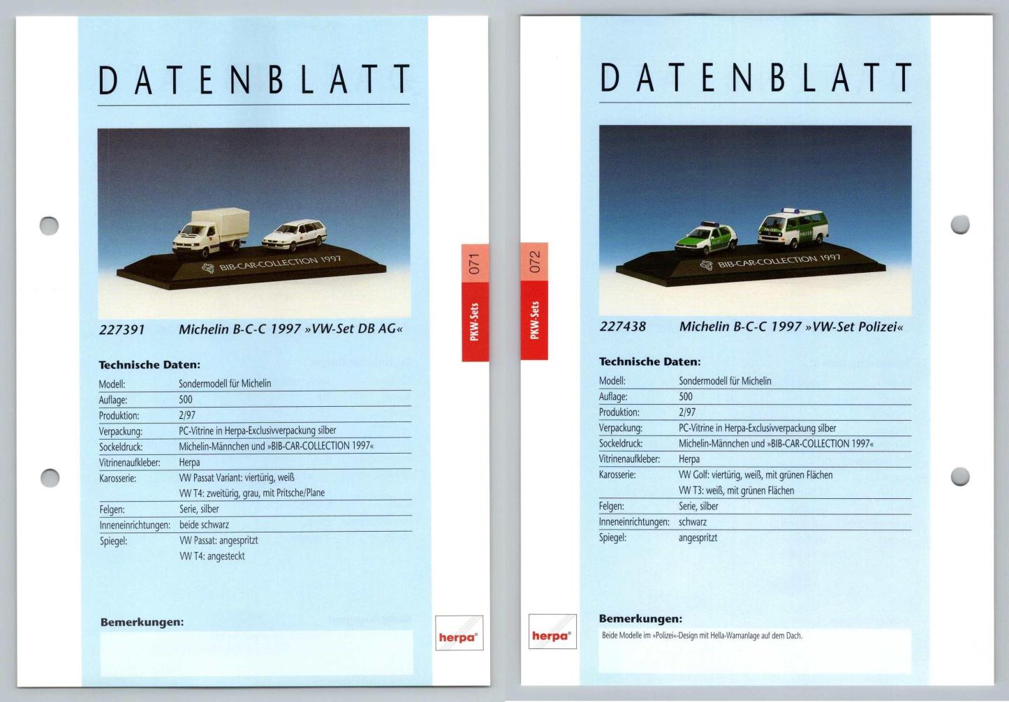 Michelin VW Set / Polizei #71/72 PKW - Herpa Data Sheet-Breakoutcards