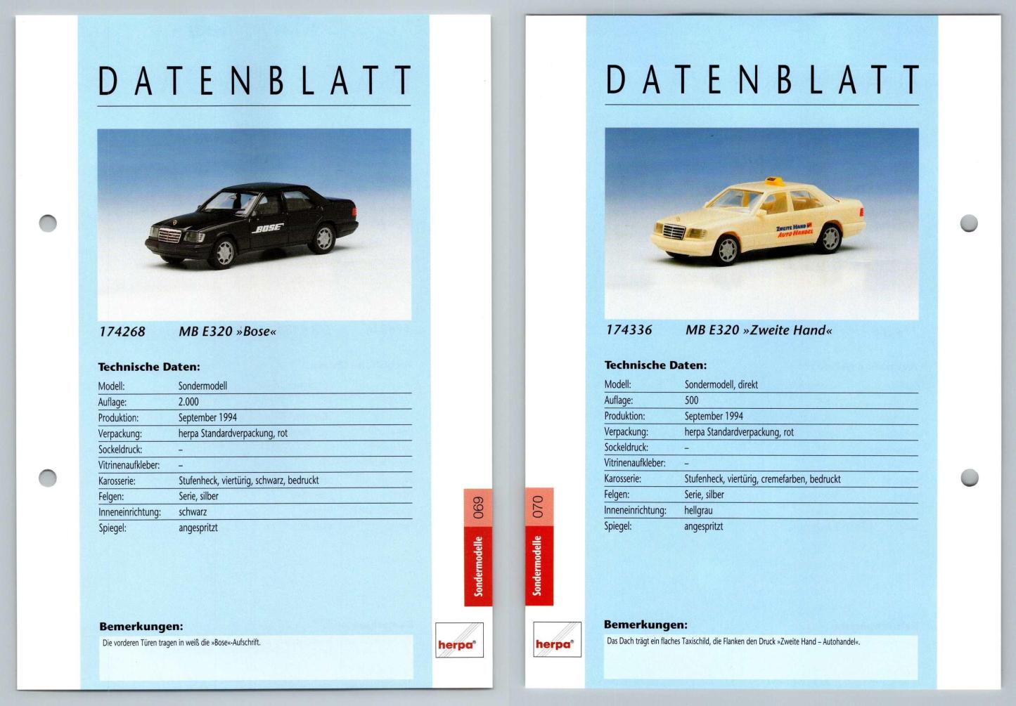 MB E320 / MB E320 #69/70 Sondermodelle - Herpa Data Sheet-Breakoutcards