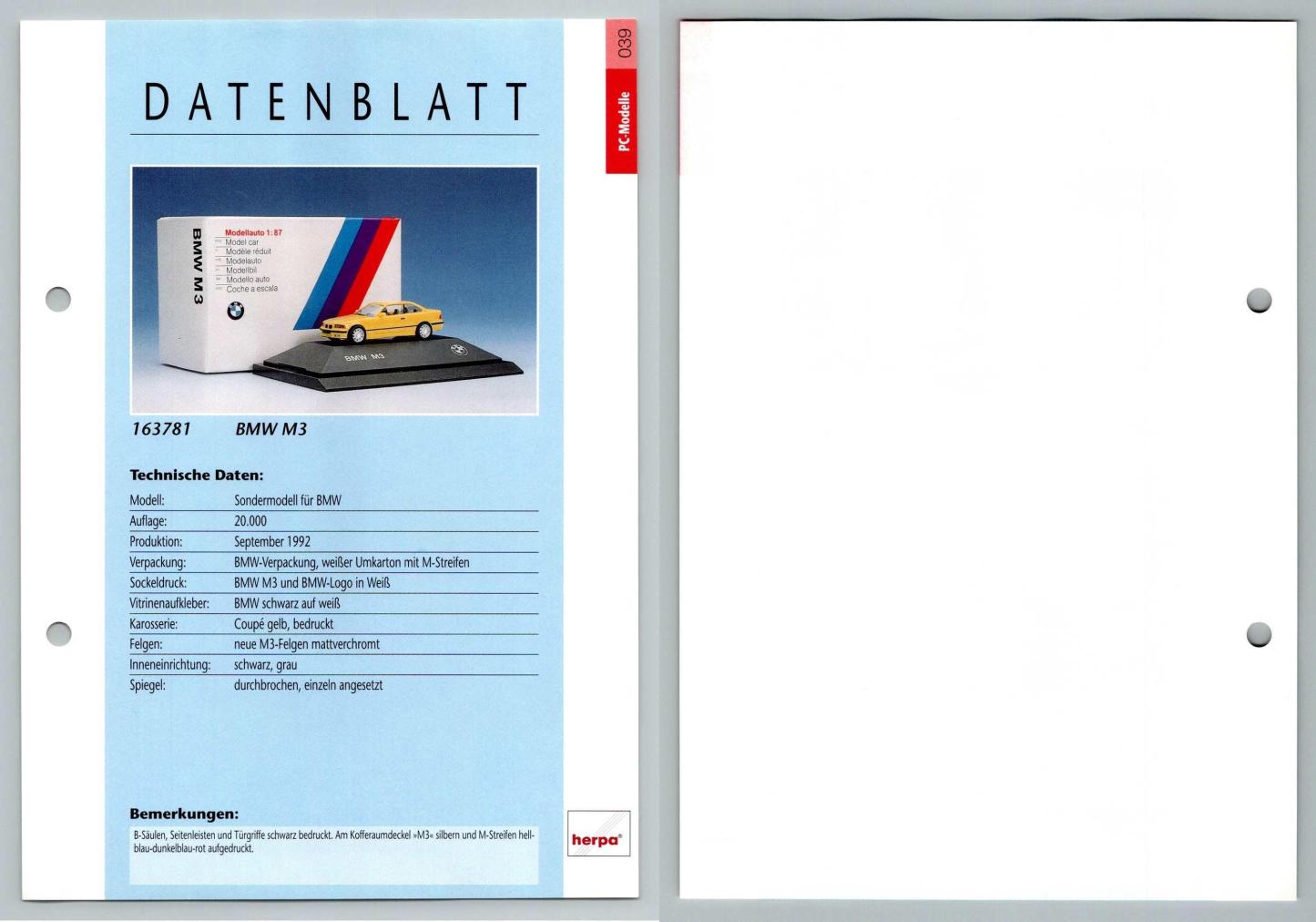 BMW M3 #39 PC-Modelle - Herpa Data Sheet-Breakoutcards